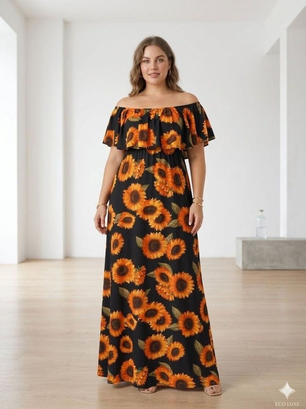 Boutique Sunflower Off-Shoulder Maxi Dress- Size XL